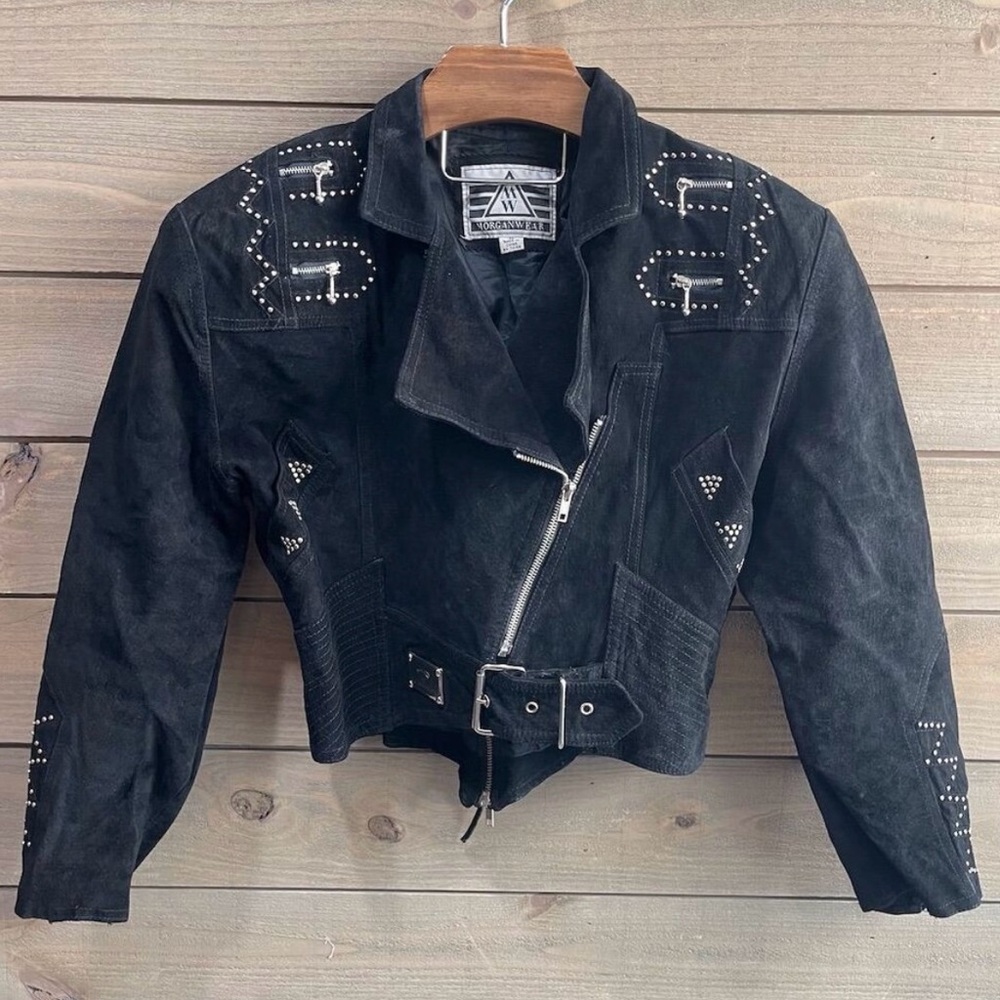 MorganWear Women's Medium Vintage Studded Moto Leather Jacket Black Cropped Zip